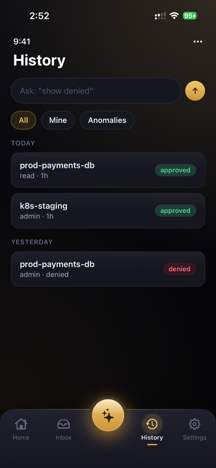 Attesto access history with approvals and denials